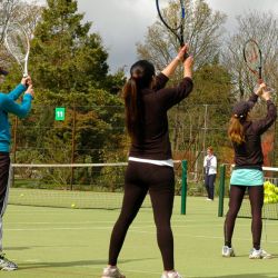 Adult tennis players on court